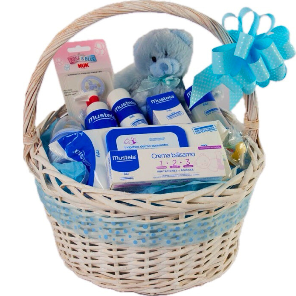 Canastilla de bebé para un baño hidratante con productos Mustela Baby y accesorios de farmacia