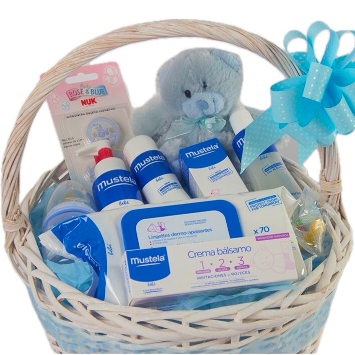 Canastilla de bebé para un baño hidratante con productos Mustela Baby y accesorios de farmacia