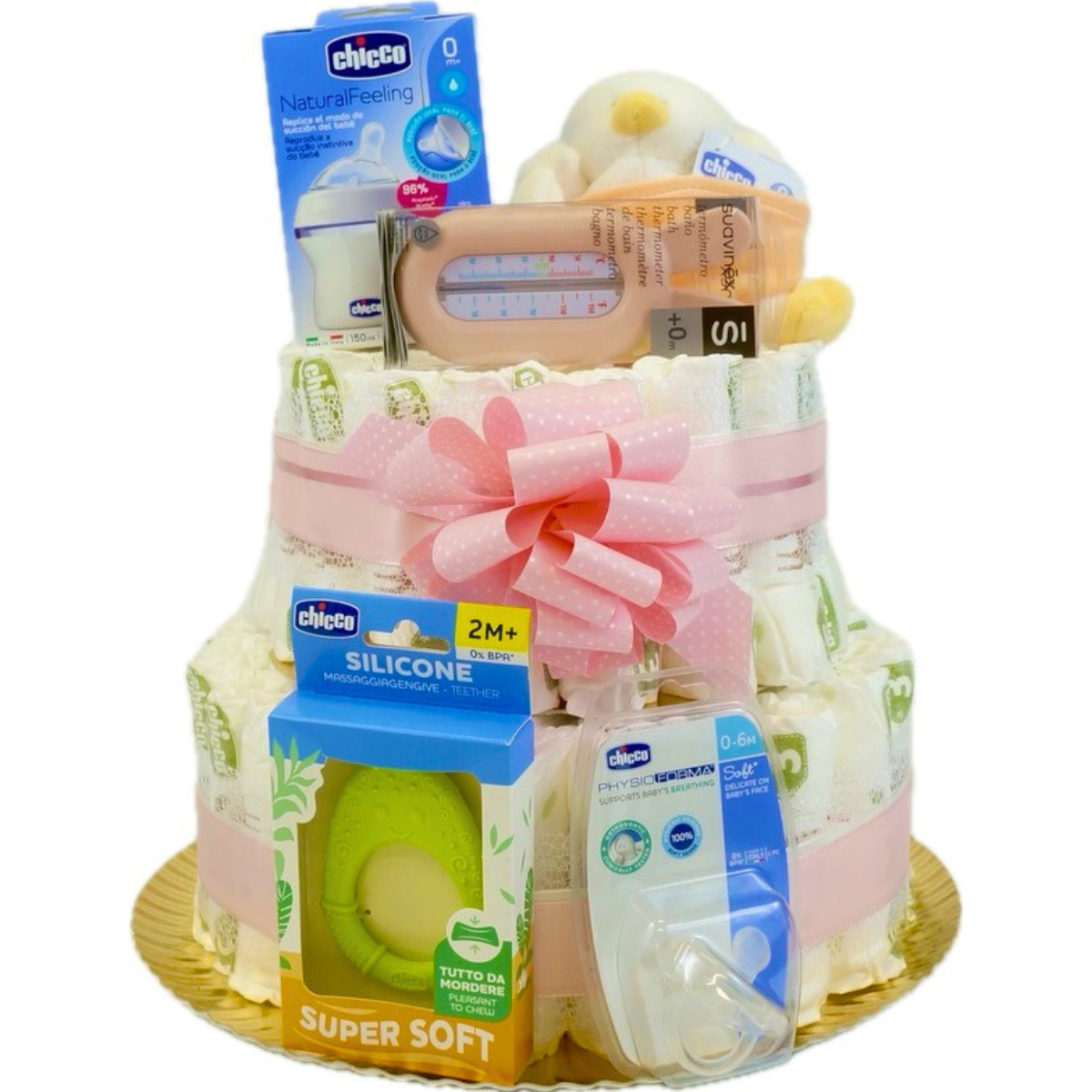 Tarta de pañales ecológicos  de 2 pisos con accesorios para el baño e higiene Chicco y Suavinex