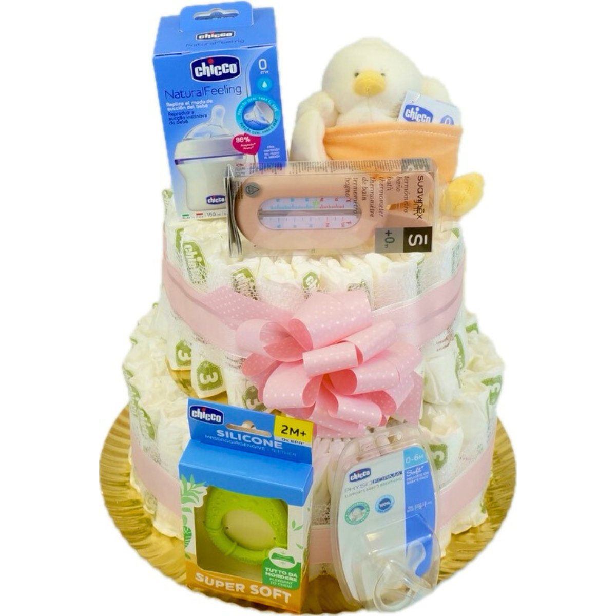 Tarta de pañales original de 2 pisos con accesorios de baño, peluche y lazo rosa.